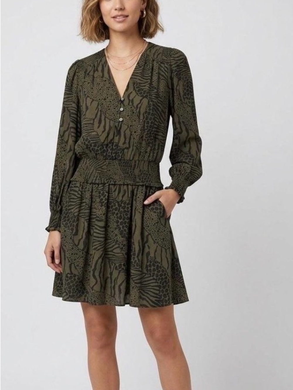 Rails Olive Green Printed V-Neck Smocked Waist Mini Dress